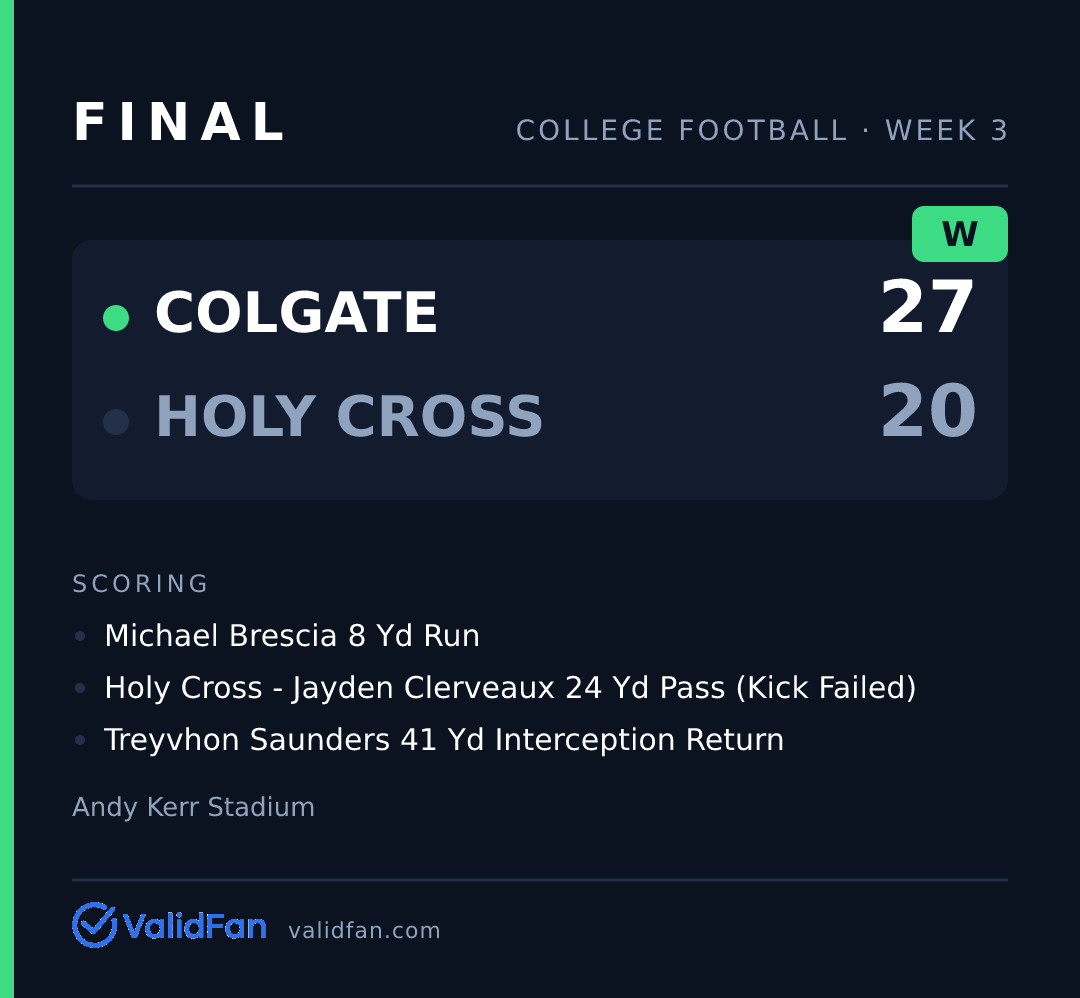 ValidFan score card showing Colgate 27, Holy Cross 20 final with scoring plays
